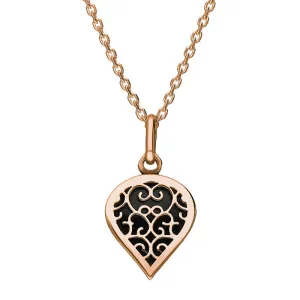 18ct Rose Gold Whitby Jet Flore Filigree Small Heart Necklace