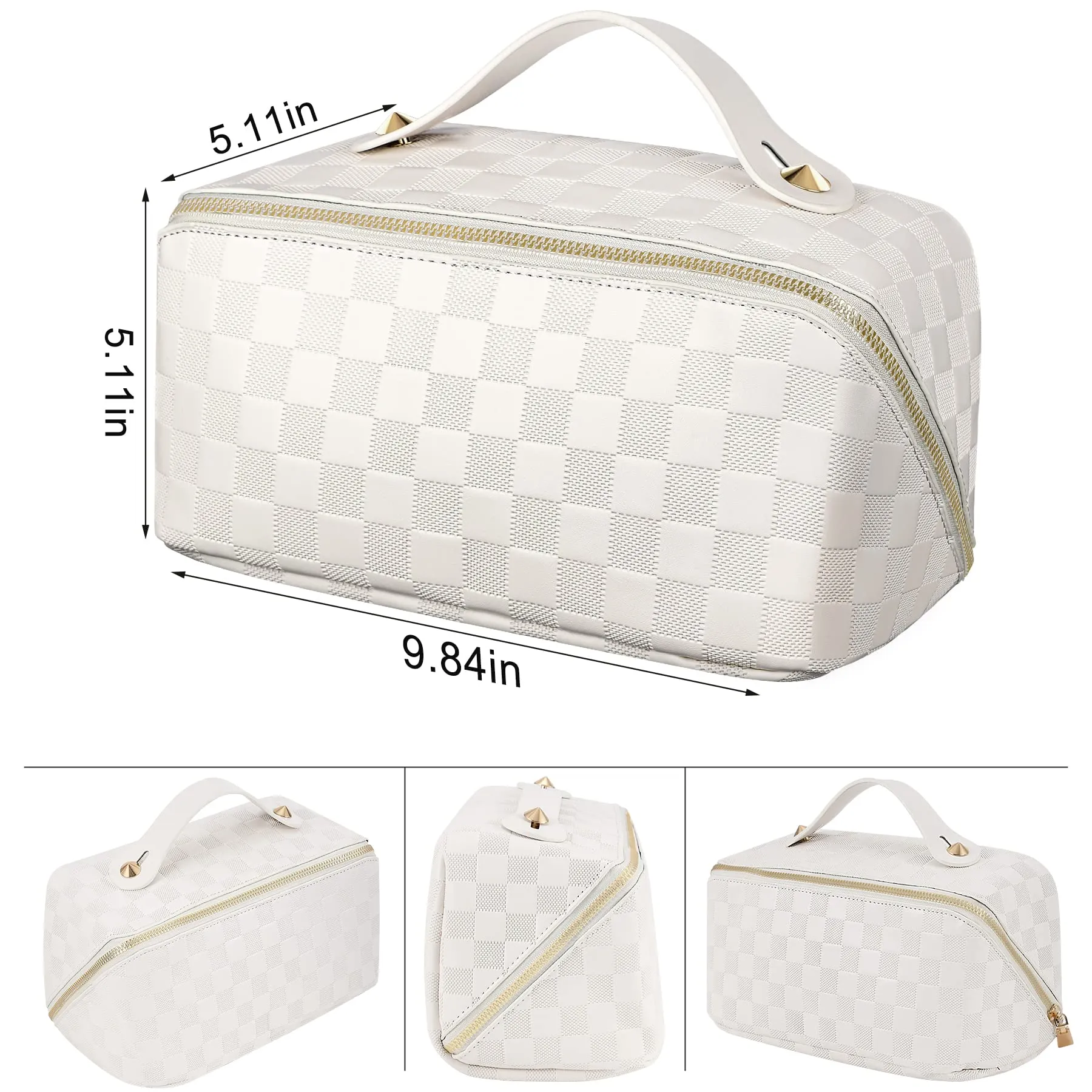 ALEXTINA Large Capacity Travel Cosmetic Bag - Travel Makeup Bags for Women Waterproof PU Leather Checkered Makeup Organizer Bag with Dividers and Handle,Toiletry Bag for Cosmetics, White
