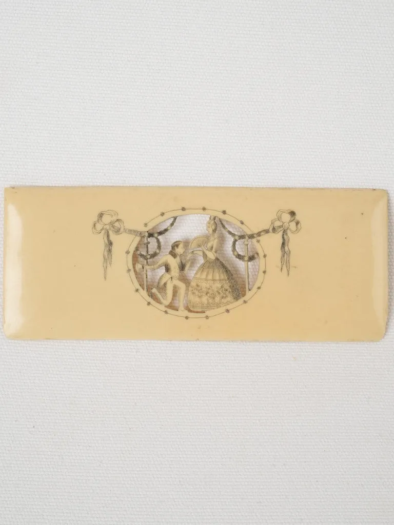 Antique French Carved Bakelite box cover lid w/ romantic scene 3¼" x 7"