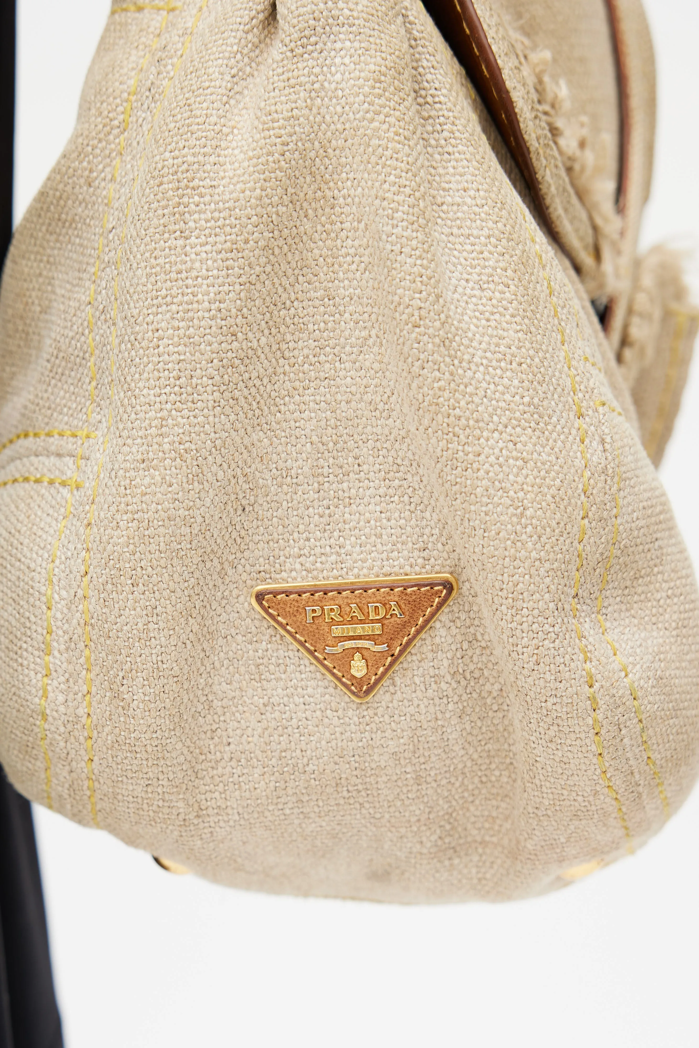 Beige Pattina Sottospalla Fringe Linen Shoulder Bag