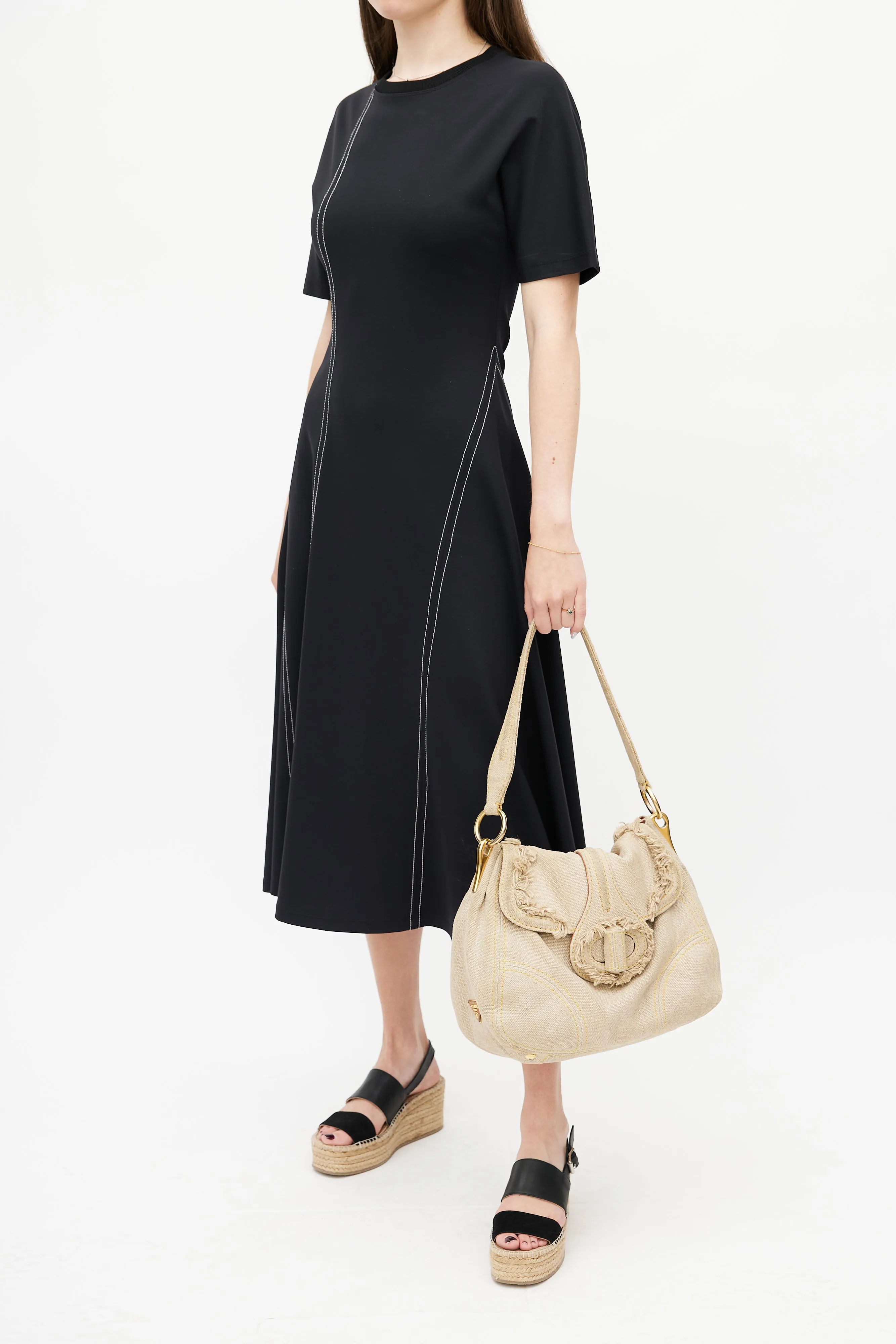 Beige Pattina Sottospalla Fringe Linen Shoulder Bag