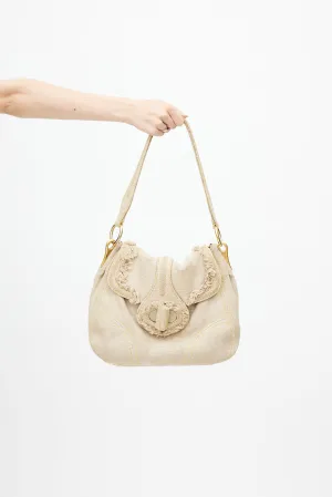 Beige Pattina Sottospalla Fringe Linen Shoulder Bag