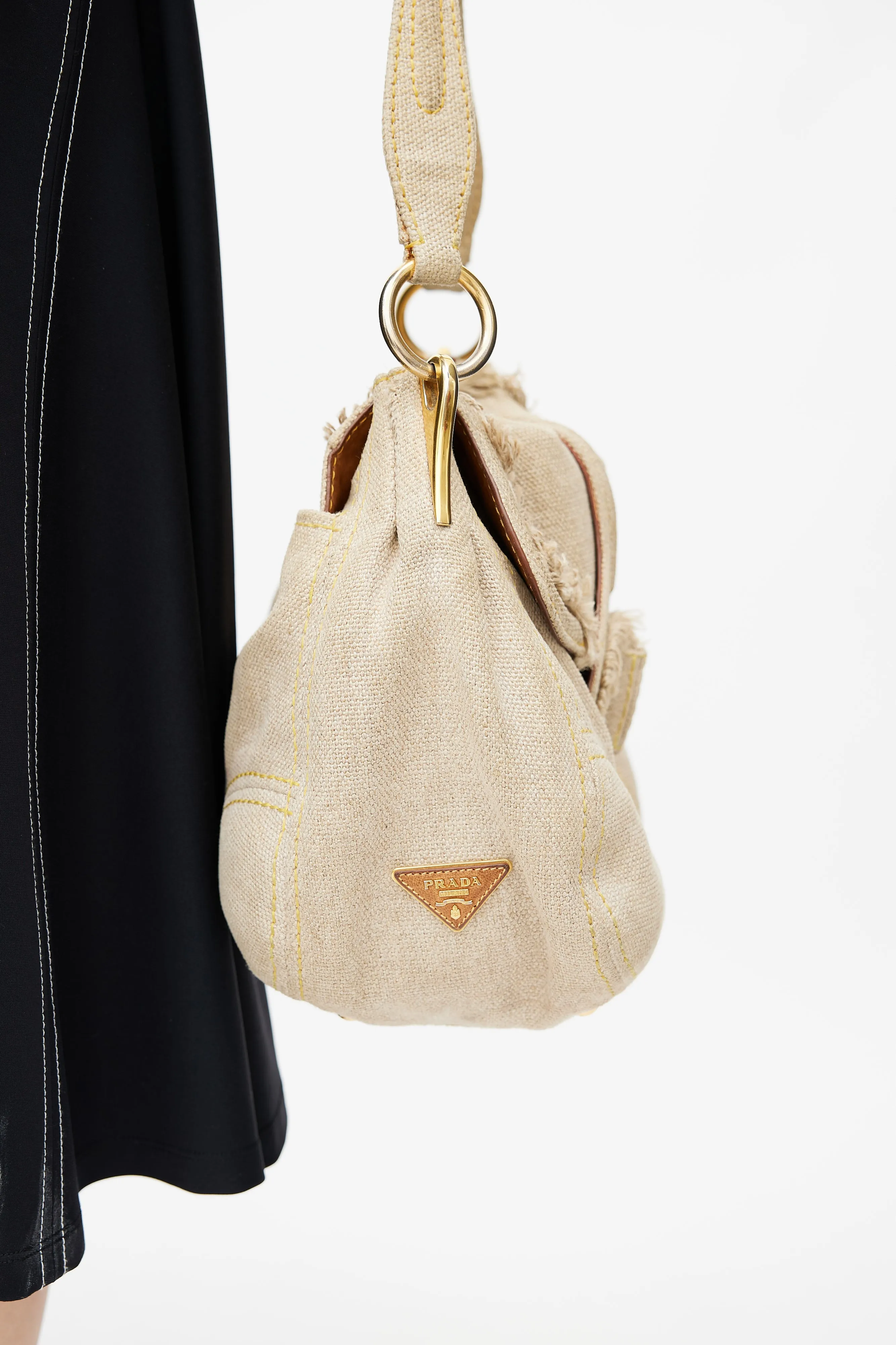 Beige Pattina Sottospalla Fringe Linen Shoulder Bag