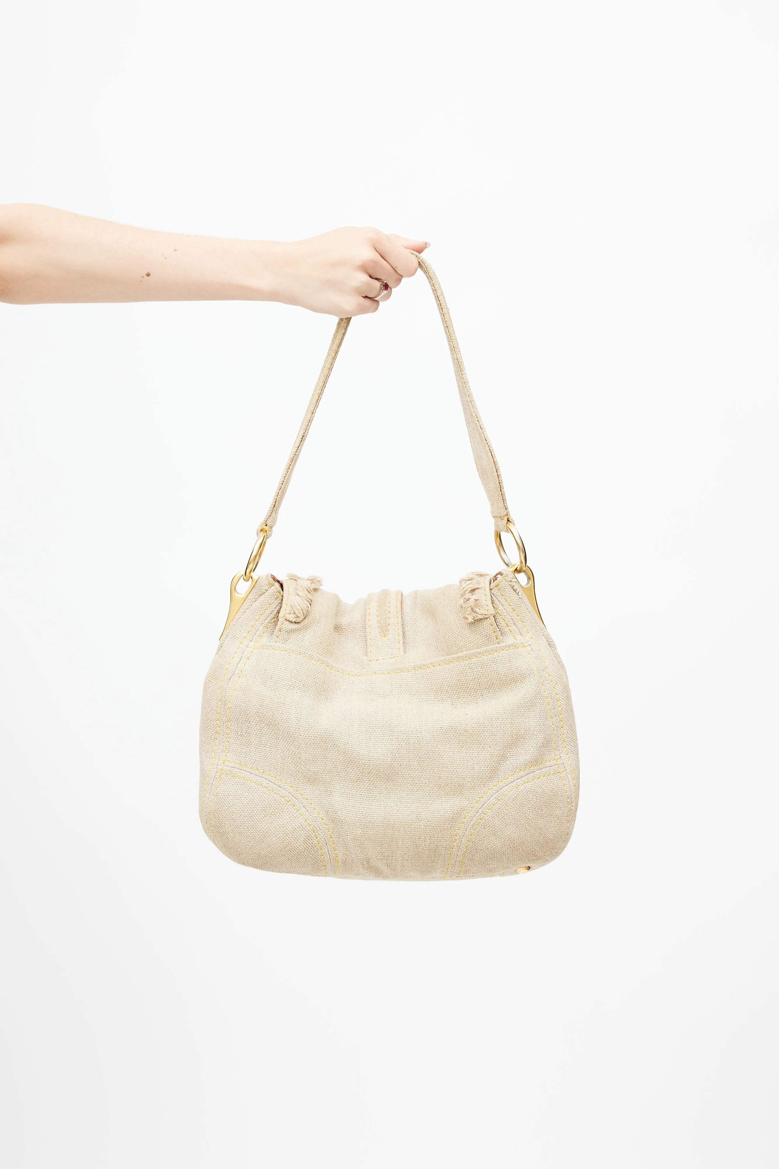 Beige Pattina Sottospalla Fringe Linen Shoulder Bag
