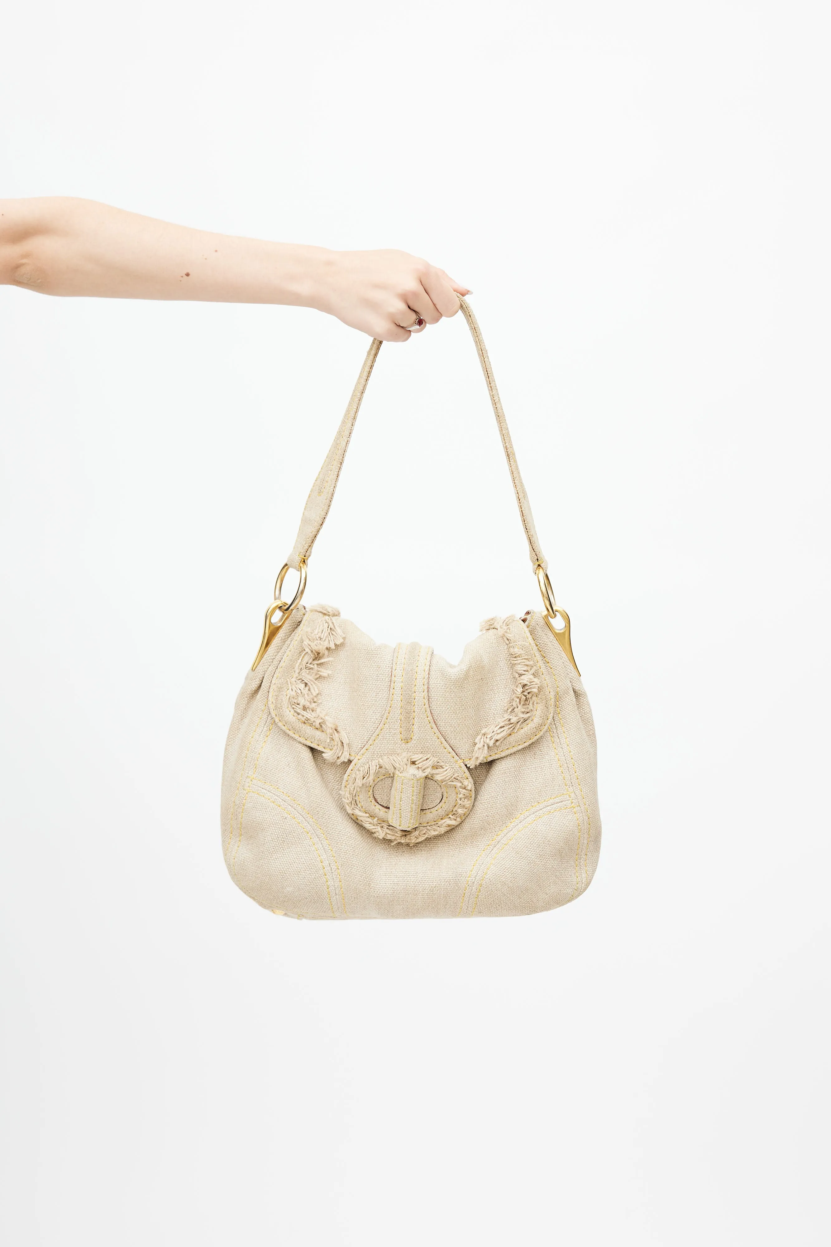 Beige Pattina Sottospalla Fringe Linen Shoulder Bag