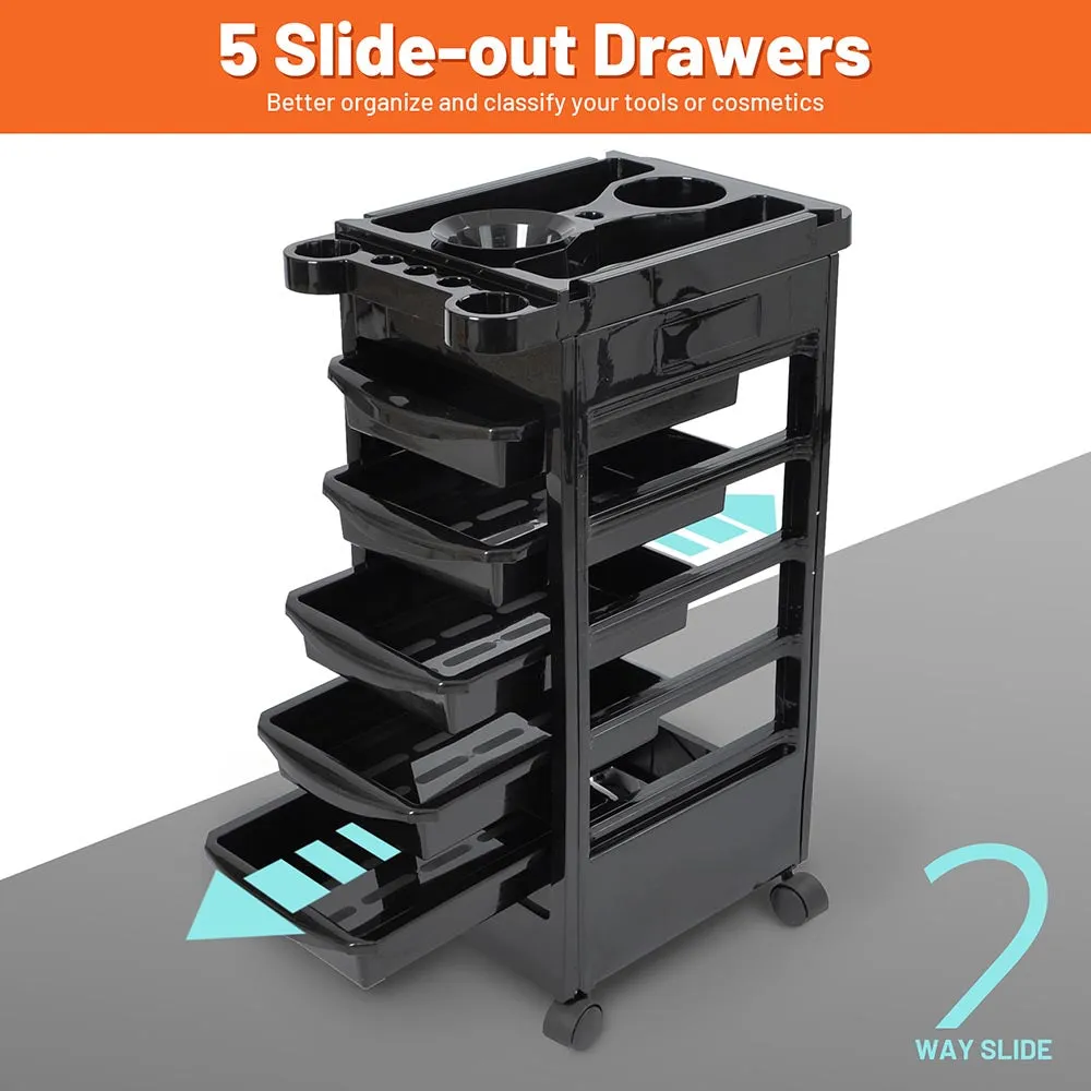 Byootique Durable Black Salon Trolley Cart with Wheels & 5 Drawers