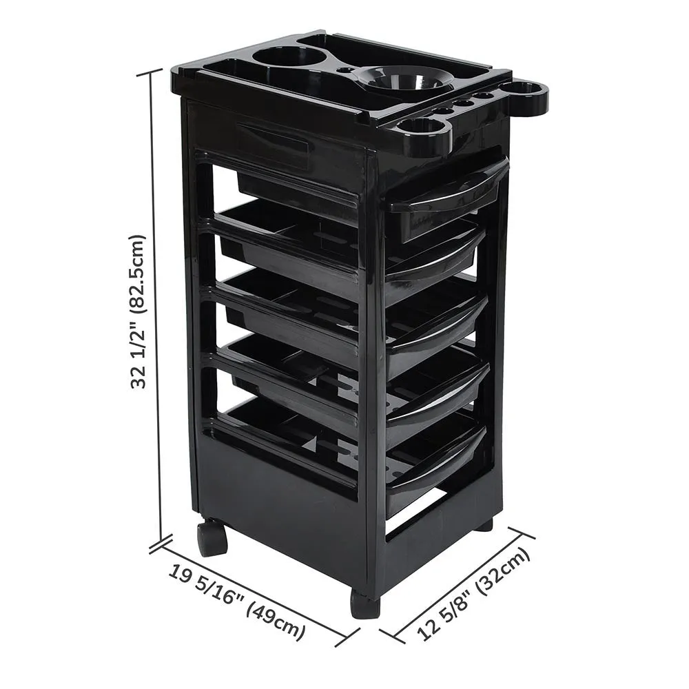 Byootique Durable Black Salon Trolley Cart with Wheels & 5 Drawers
