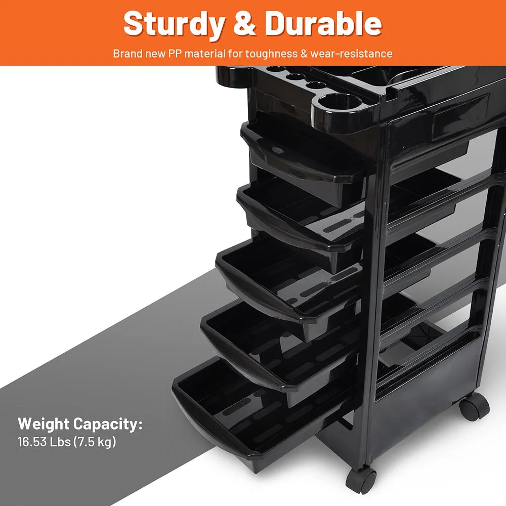 Byootique Durable Black Salon Trolley Cart with Wheels & 5 Drawers
