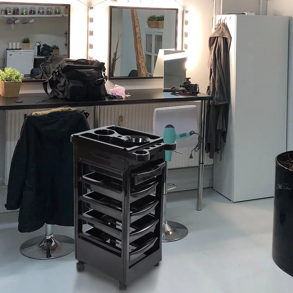 Byootique Durable Black Salon Trolley Cart with Wheels & 5 Drawers