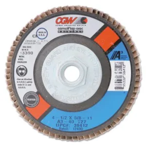 CGW Abrasives Flap Discs, A3 Aluminum Oxide, XL, 4 1/2 in, 40 Grit, 5/8 Arbor, 13,300 rpm, T27, 39452