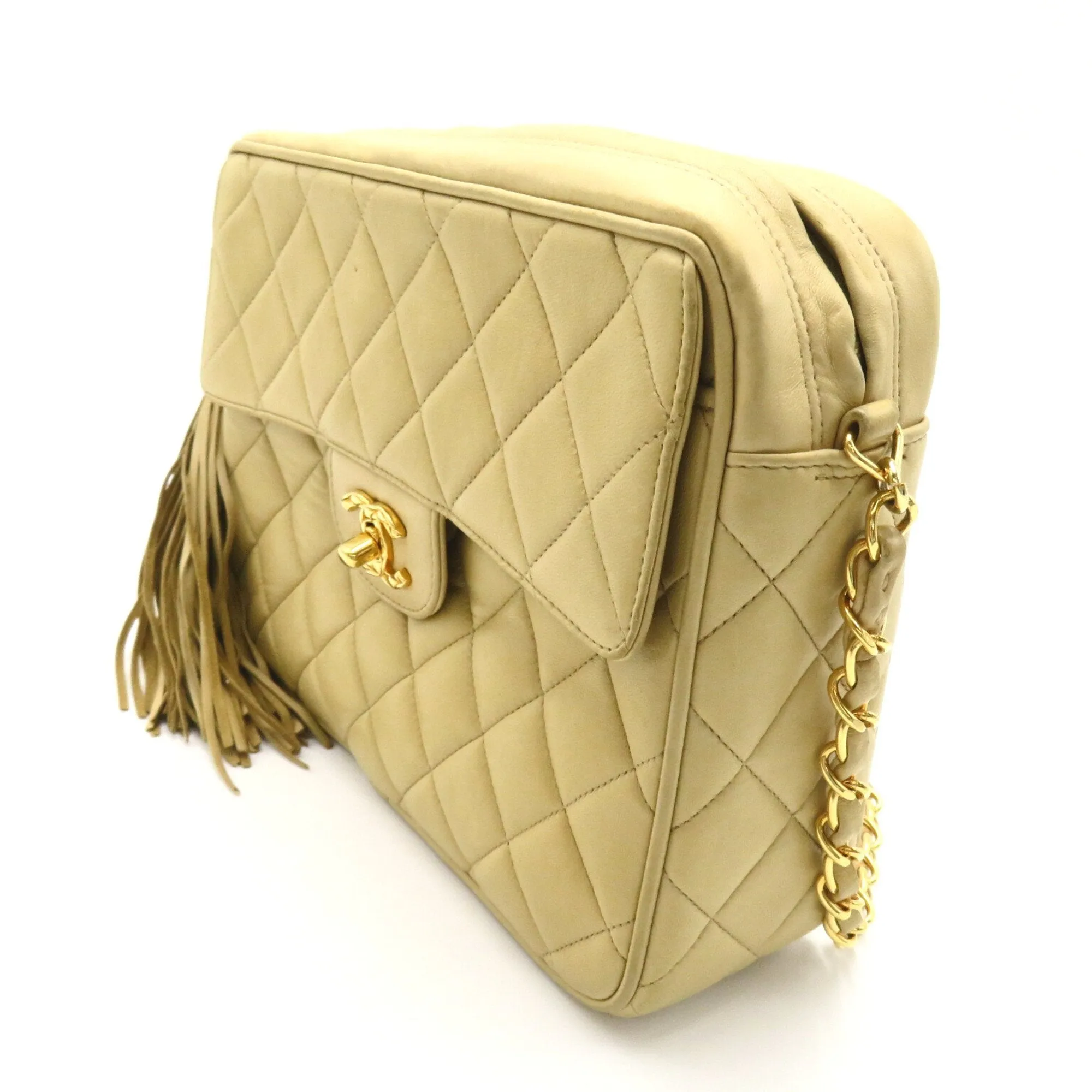 CHANEL ChainShoulder with fringe Beige Lambskin (sheep leather)