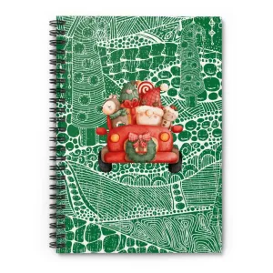 Cheerful Gnome in Truck Spiral Notebook - Ruled Line: Festive Green Patterned Design