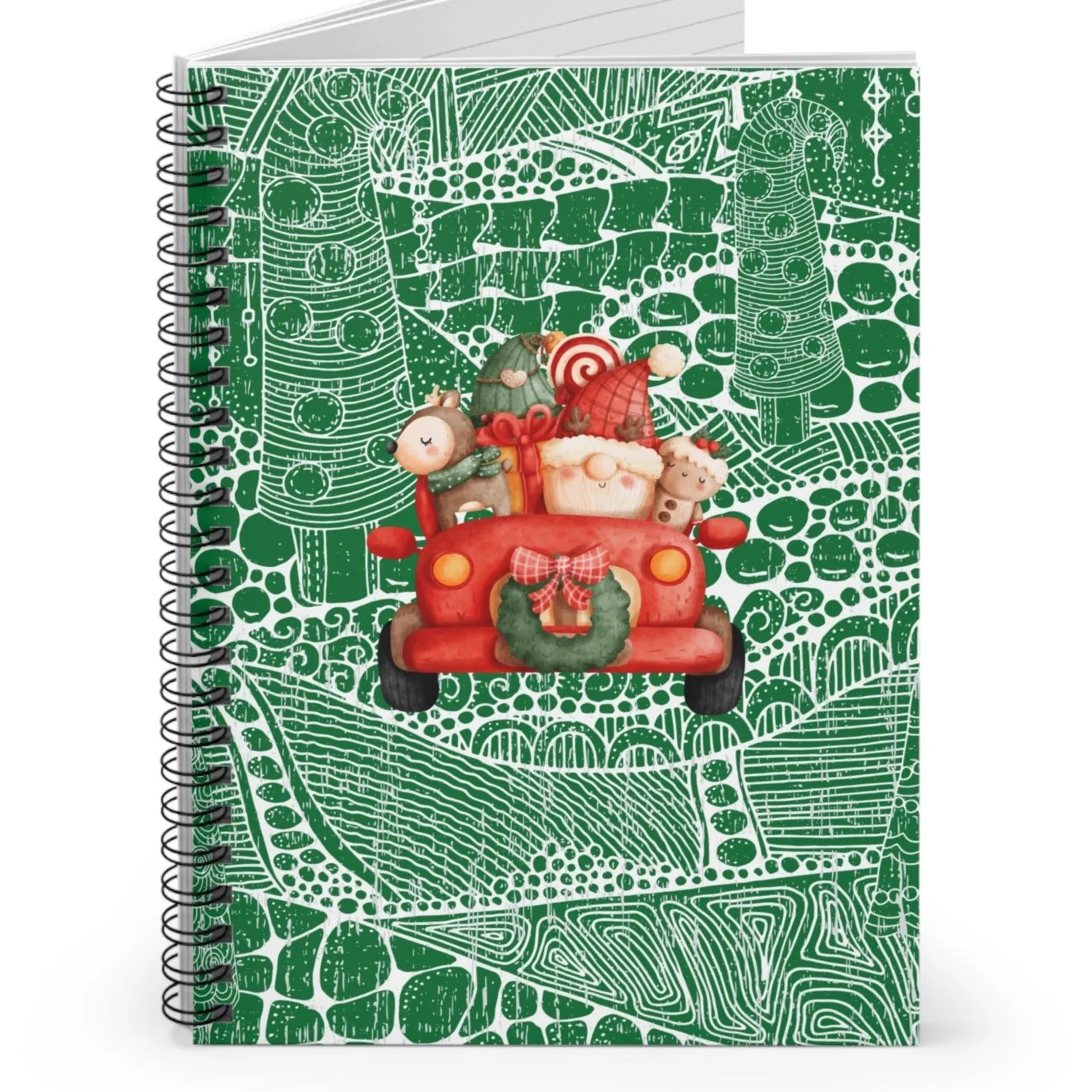 Cheerful Gnome in Truck Spiral Notebook - Ruled Line: Festive Green Patterned Design