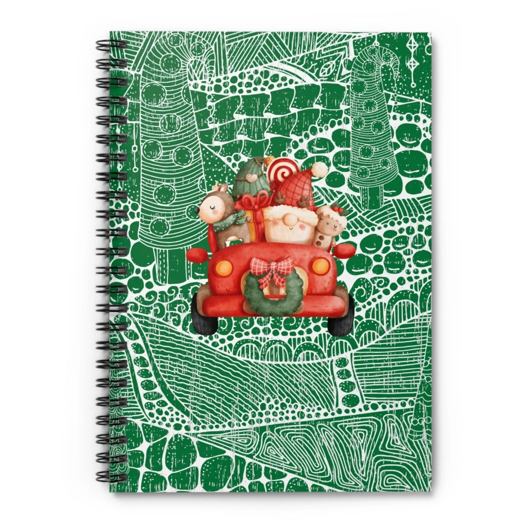 Cheerful Gnome in Truck Spiral Notebook - Ruled Line: Festive Green Patterned Design