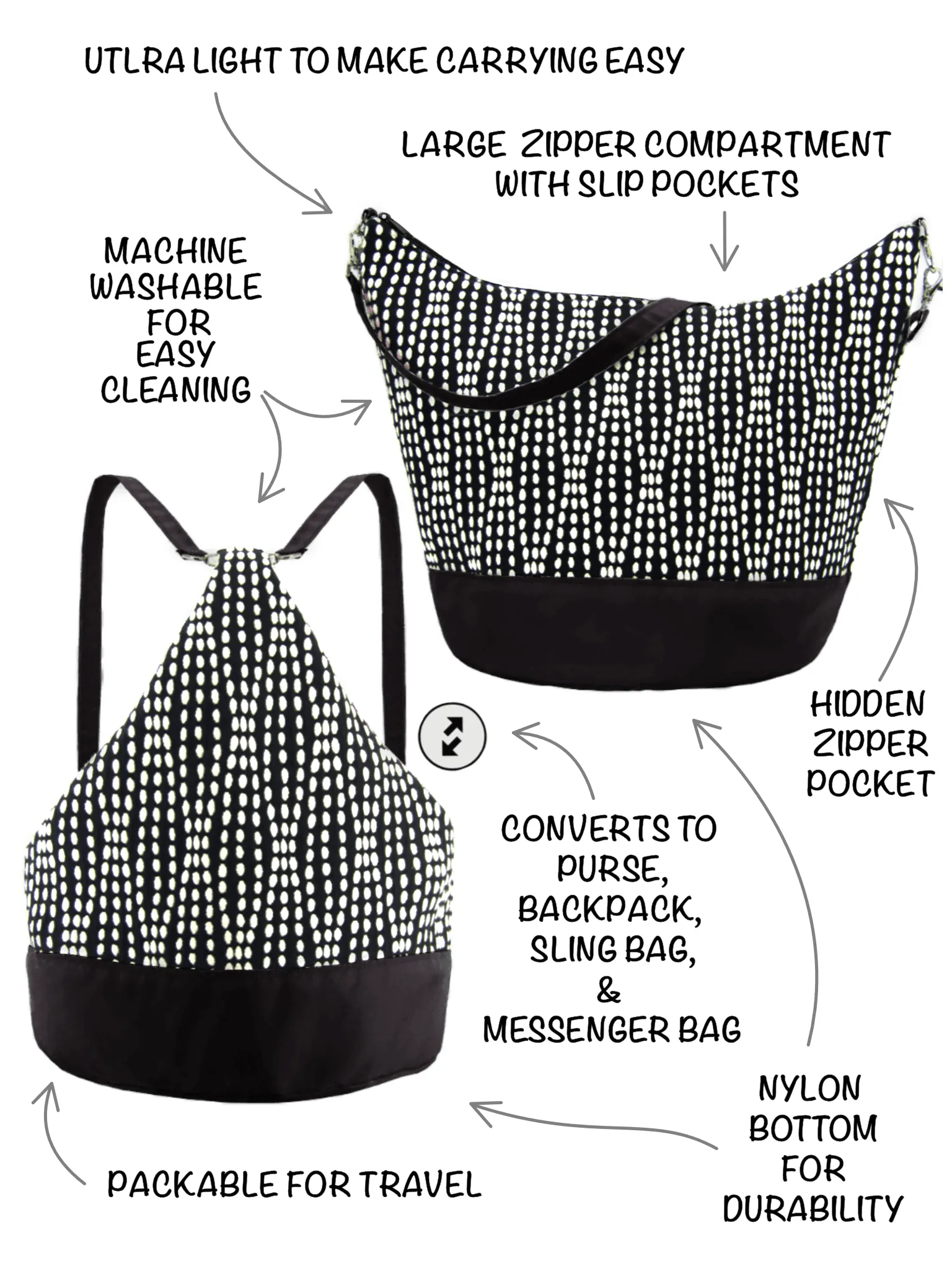 Daisy | Dark Grey Nylon | Convertible Backpack Purse