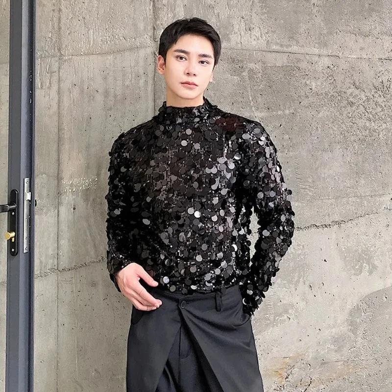 Elegance Men's Long Sleeve T-shirts Autumn Trend Sequin Standing Neck Slim Male Tee Fashion Personality Autumn 9C2612
