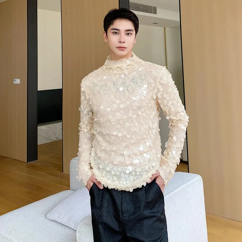 Elegance Men's Long Sleeve T-shirts Autumn Trend Sequin Standing Neck Slim Male Tee Fashion Personality Autumn 9C2612