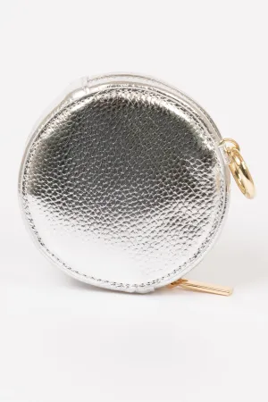 Finley Round Coin Purse - Silver, Metallic Faux Leather