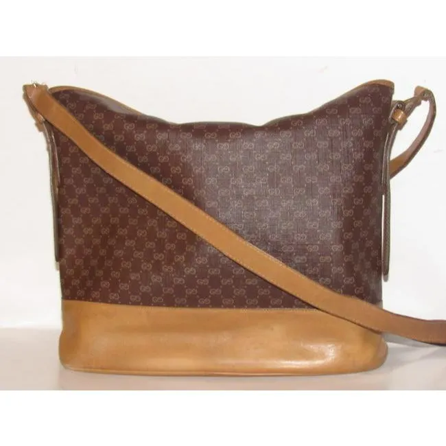 Gucci Camel Micro Logo Print On Brown Leather Bucket Bag