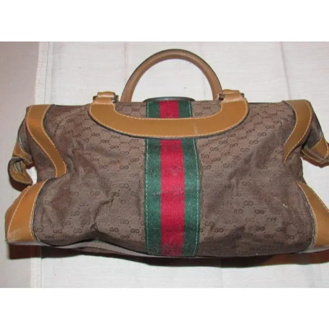 Gucci Vintage Dark Brown Small G Logo Print Fabric And Camel Leather With Red