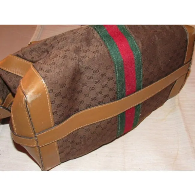 Gucci Vintage Dark Brown Small G Logo Print Fabric And Camel Leather With Red