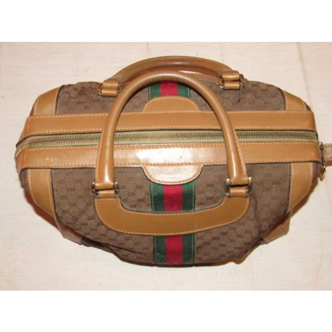 Gucci Vintage Dark Brown Small G Logo Print Fabric And Camel Leather With Red