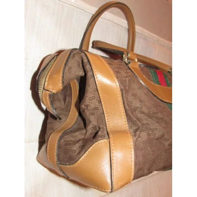 Gucci Vintage Dark Brown Small G Logo Print Fabric And Camel Leather With Red