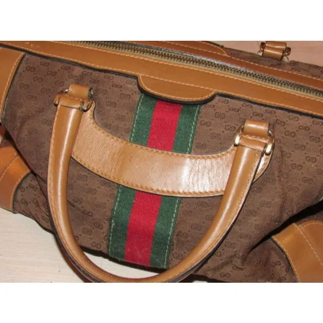Gucci Vintage Dark Brown Small G Logo Print Fabric And Camel Leather With Red
