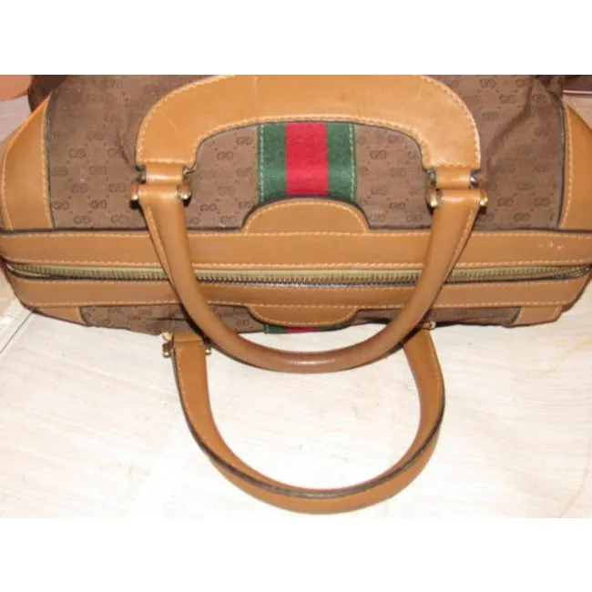 Gucci Vintage Dark Brown Small G Logo Print Fabric And Camel Leather With Red
