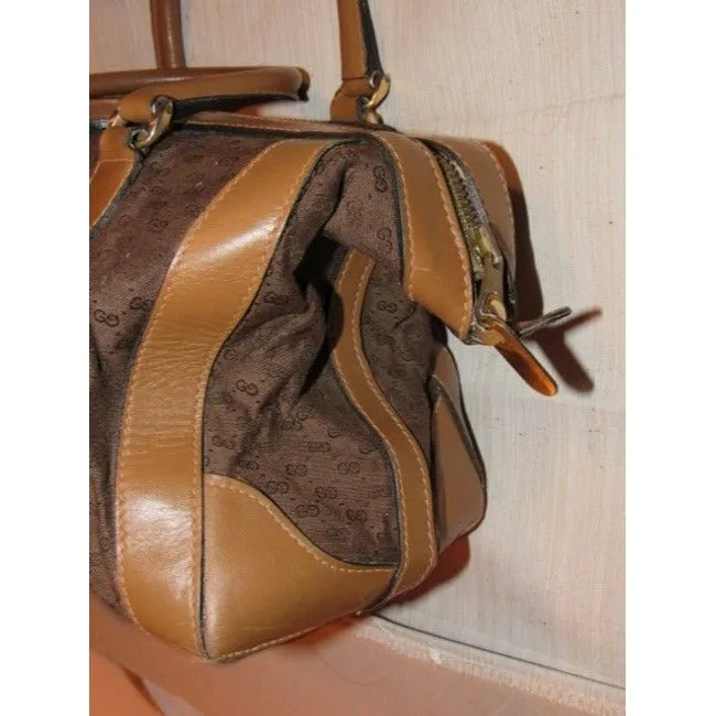 Gucci Vintage Dark Brown Small G Logo Print Fabric And Camel Leather With Red