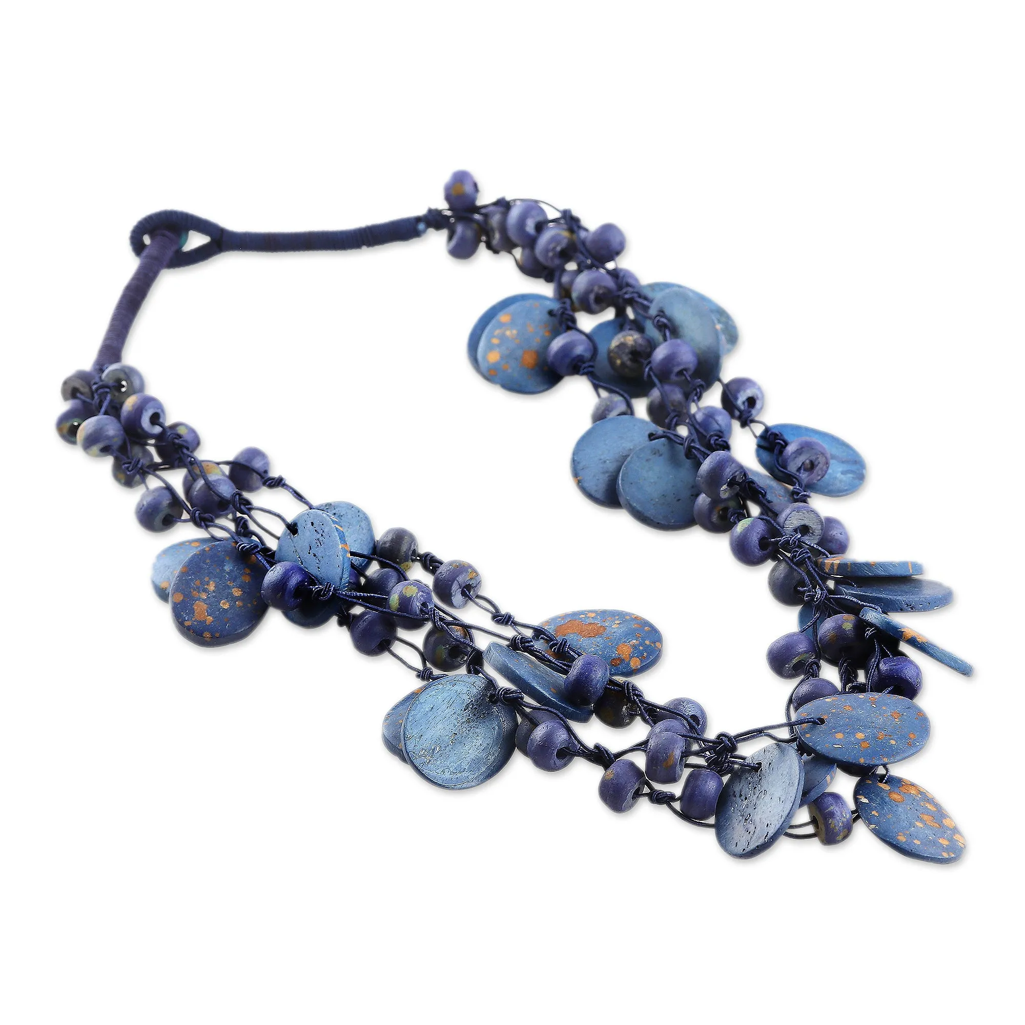 Hand-Carved Beaded Statement Necklace in Blue and Gold Hues - Bohemian Joy in Blue | NOVICA