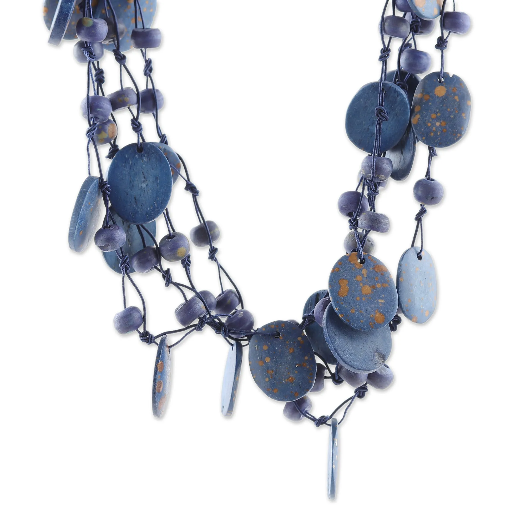 Hand-Carved Beaded Statement Necklace in Blue and Gold Hues - Bohemian Joy in Blue | NOVICA