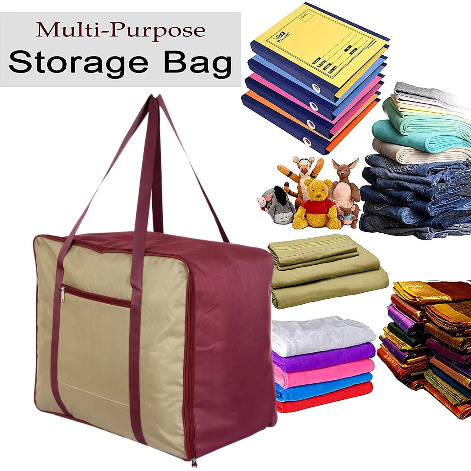 Heart Home Lightweight Foldable Multipurpose Storage bag, Cloth Organiser, Travel Bag With Zippered Closure And Handle- Pack of 2 (Brown & Maroon)-HS43HEARTH26666