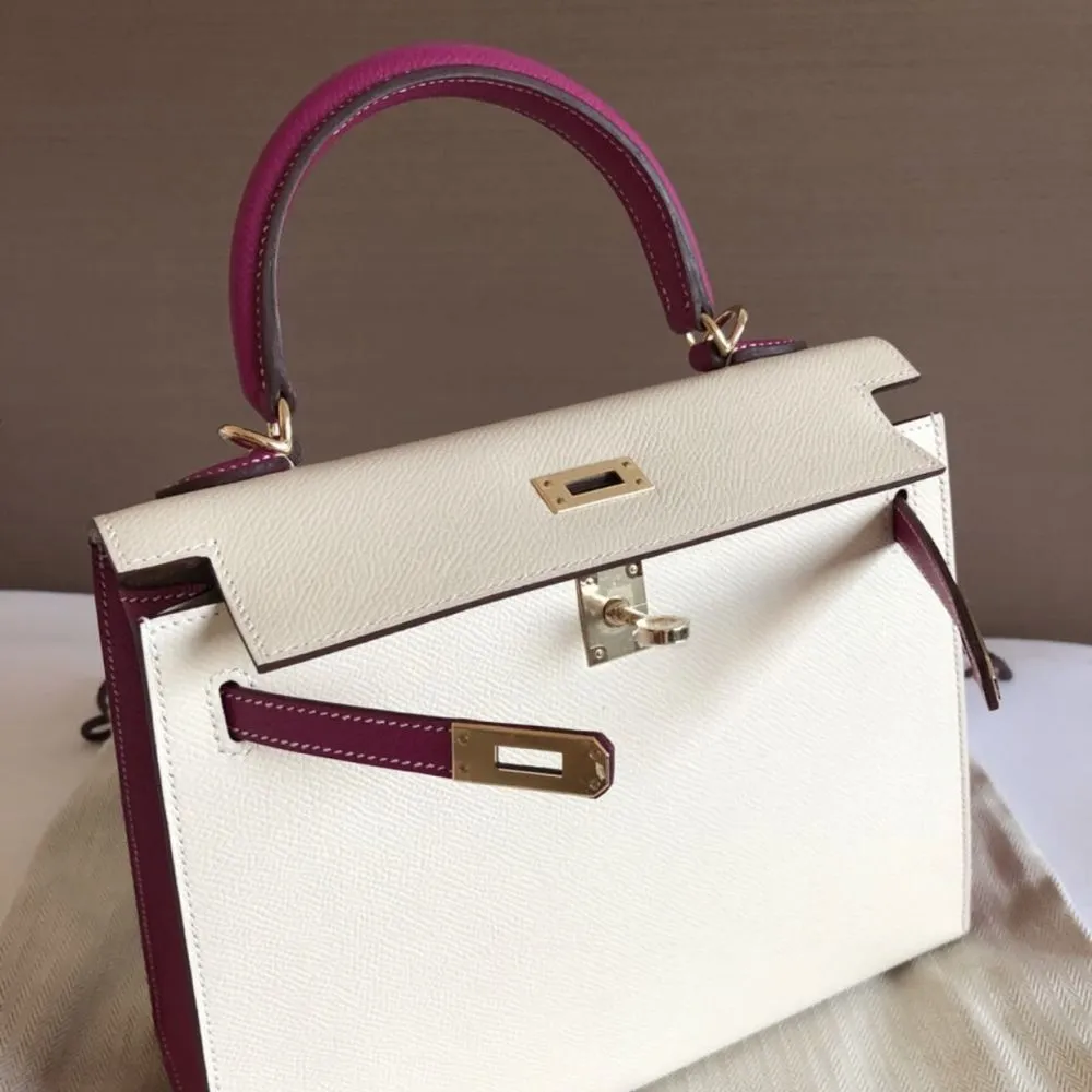 Hermès Kelly HSS 25 Craie/Rose Pourpre Sellier Epsom Permabrass Hardware PER
