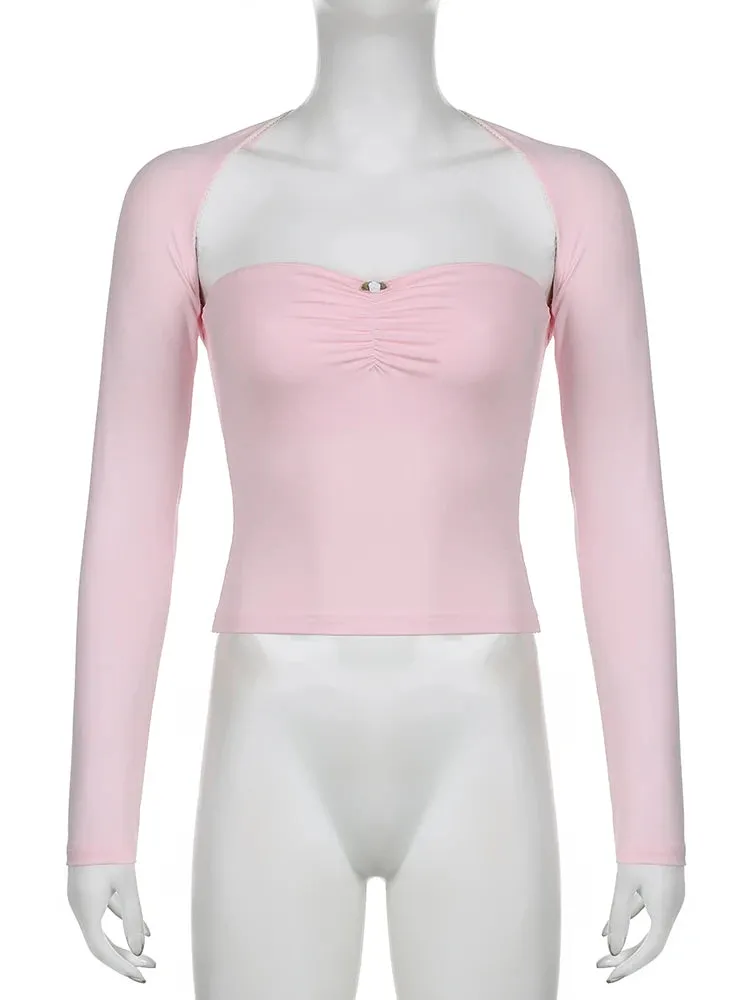 Korean Fashion Pink Coquette Female T-shirt Lace Trim Ruched Casual Skinny Smock Crop Top Two Pieces Set Y2K Clothes