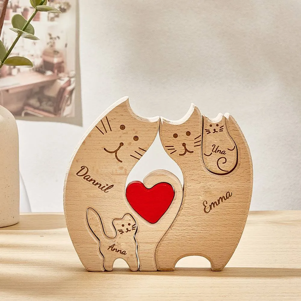 Personalized Wooden Cats Custom Family Member Names Puzzle Home Decor Gifts