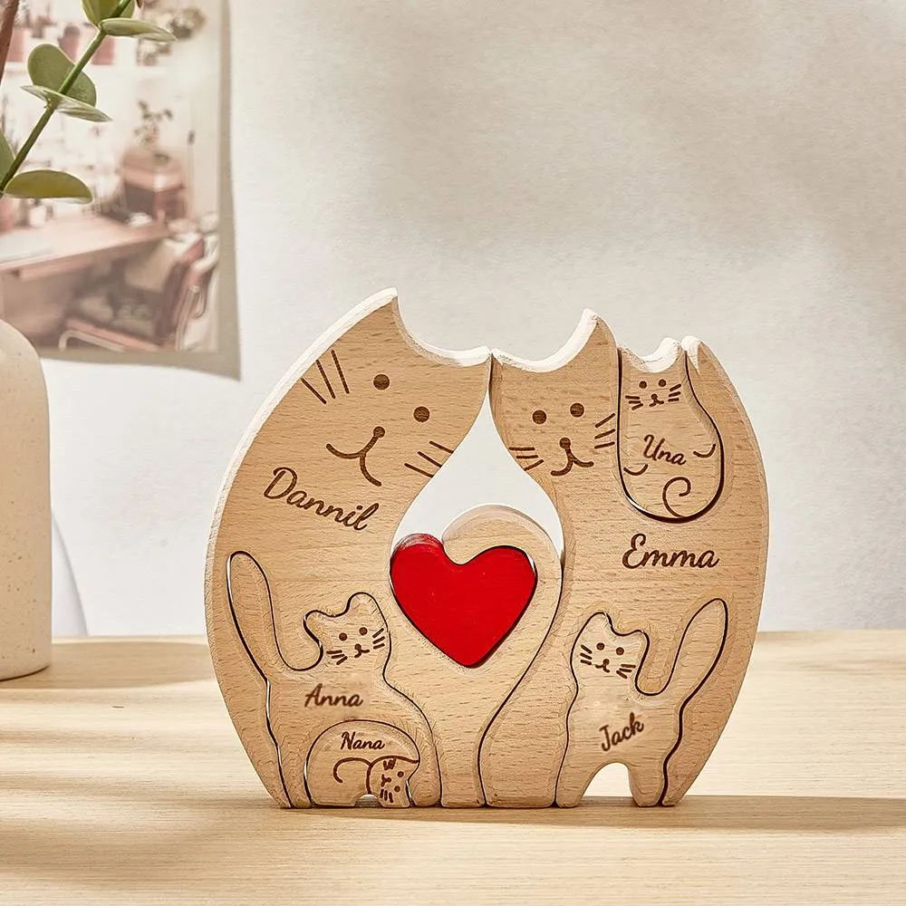Personalized Wooden Cats Custom Family Member Names Puzzle Home Decor Gifts