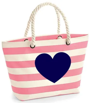 Pink striped beach bag with rope handles - Heart