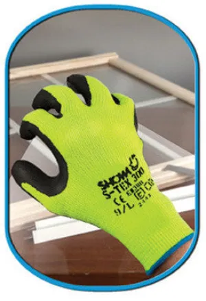 SHOWA Best Glove Size 8 S-TEX 300 Cut Resistant Black Natural Rubber Palm Coated Work Gloves With Seamless Hi-Viz Yellow Hagane Coil Fiber Liner