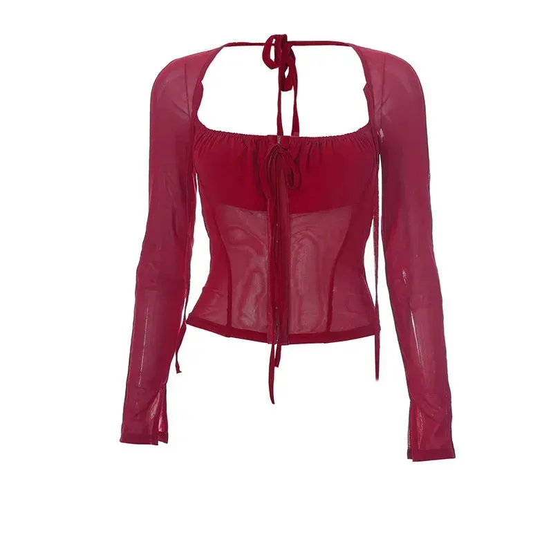 Y2k Fairycore Crop Tops Sexys Transparent Mesh Square Neck Long Sleeve Tshirts for Womens Red Fitted Tees P85-DZ13